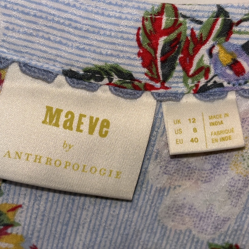 Maeve Anthropologie Boswell Blue Striped Floral Boho Peasant Flowy Blouse Size 8 - Picture 4 of 5